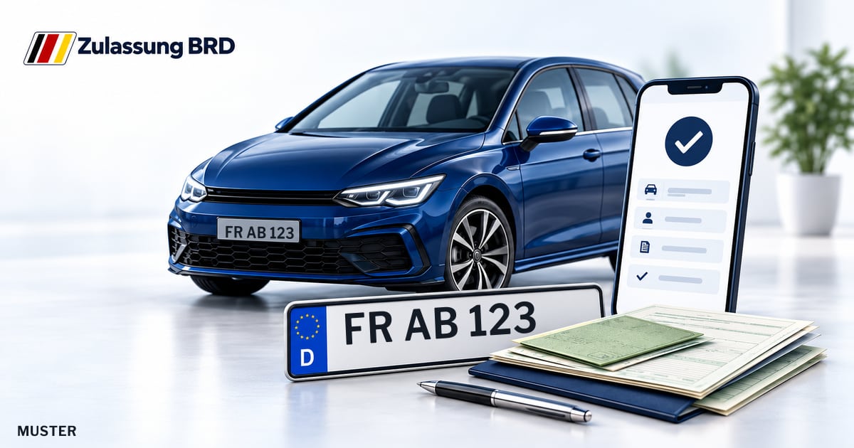 Online Fahrzeugzulassung in Müllheim: Musterkennzeichen FR AB 123, Auto und Fahrzeugpapiere und Smartphone. Illustration mit Logo von Zulassung BRD.
